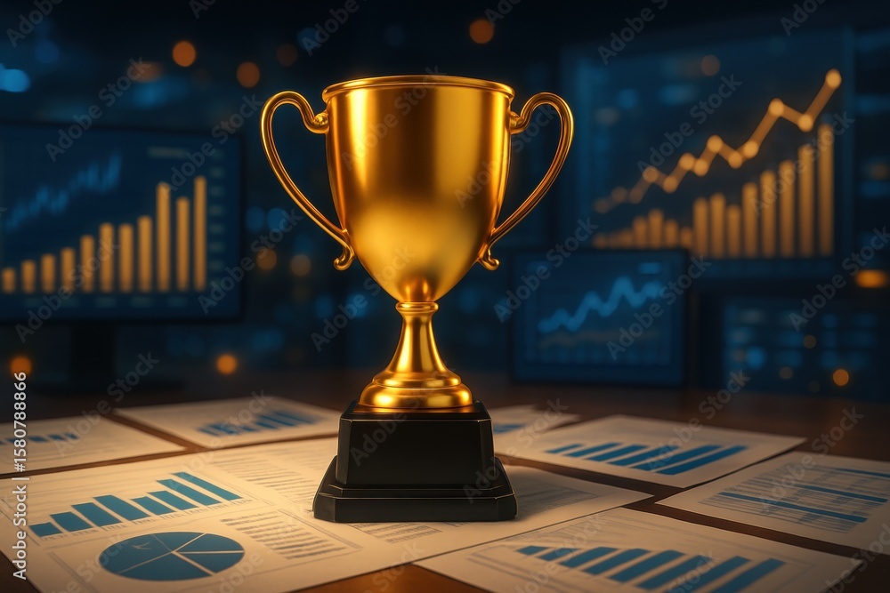 Poster trophy of triumph over data: a golden trophy sits on a desk, flanked by financial documents and a ba