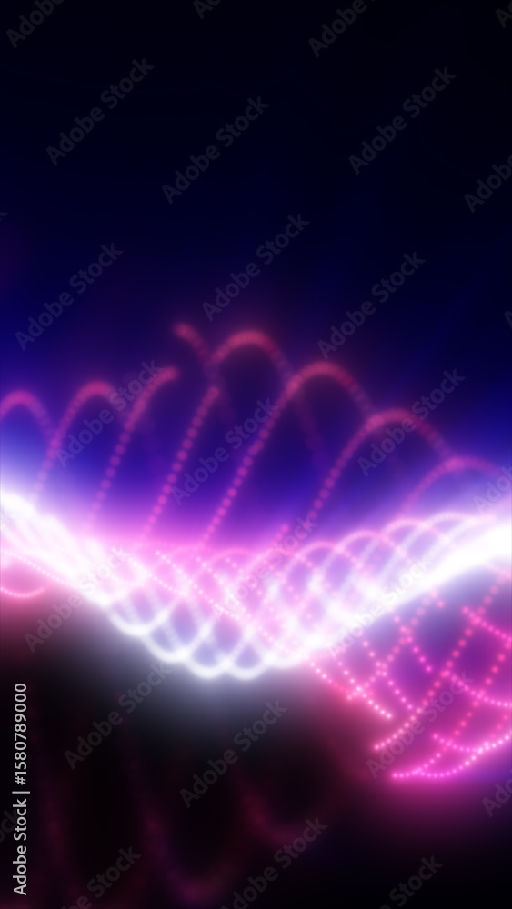 Poster glowing waveforms of pink and white light curve across a dark background, creating a sense of motion