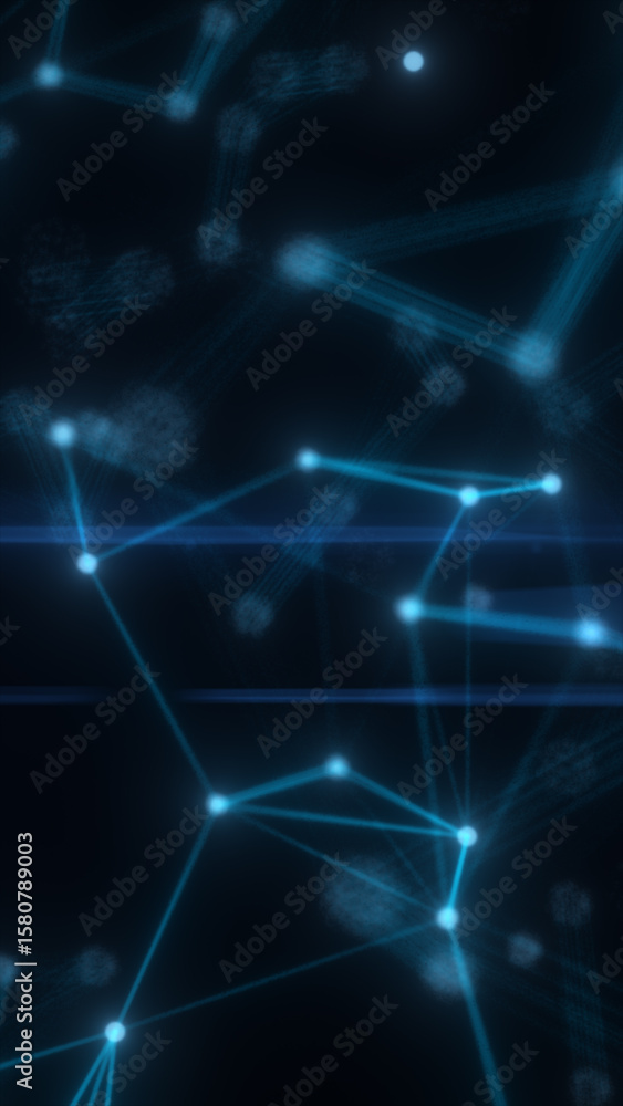 Poster abstract glowing digital web of connected nodes with radiant blue lines and a futuristic network pat