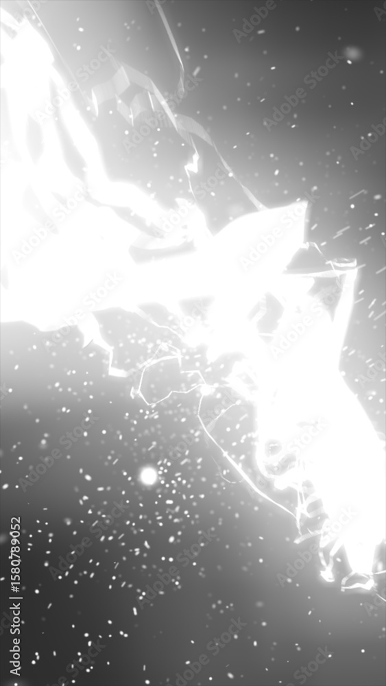 Poster bright abstract explosion in black and white with glowing energy shards and floating particles