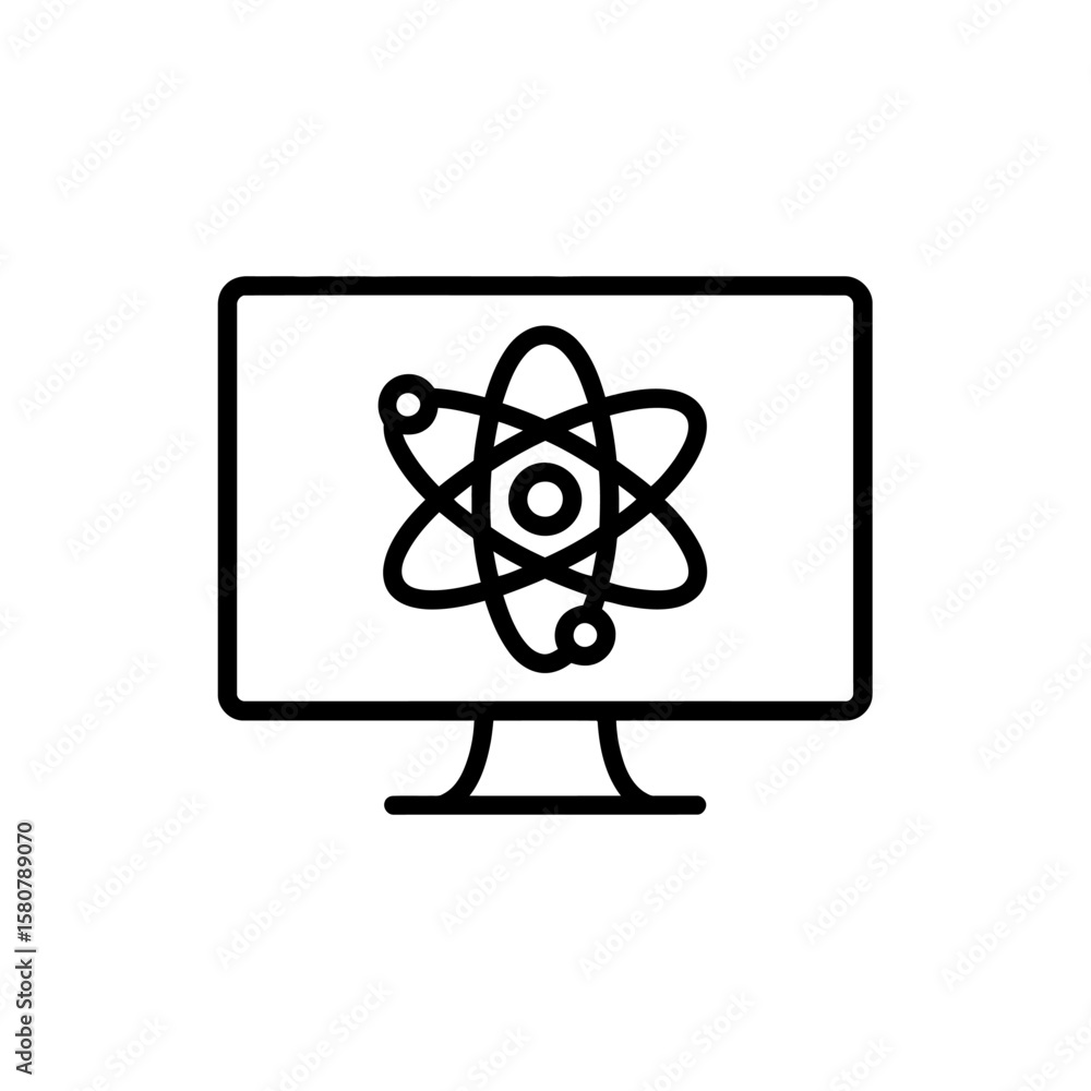 Poster computer screen displaying a black line drawing of an atom symbol