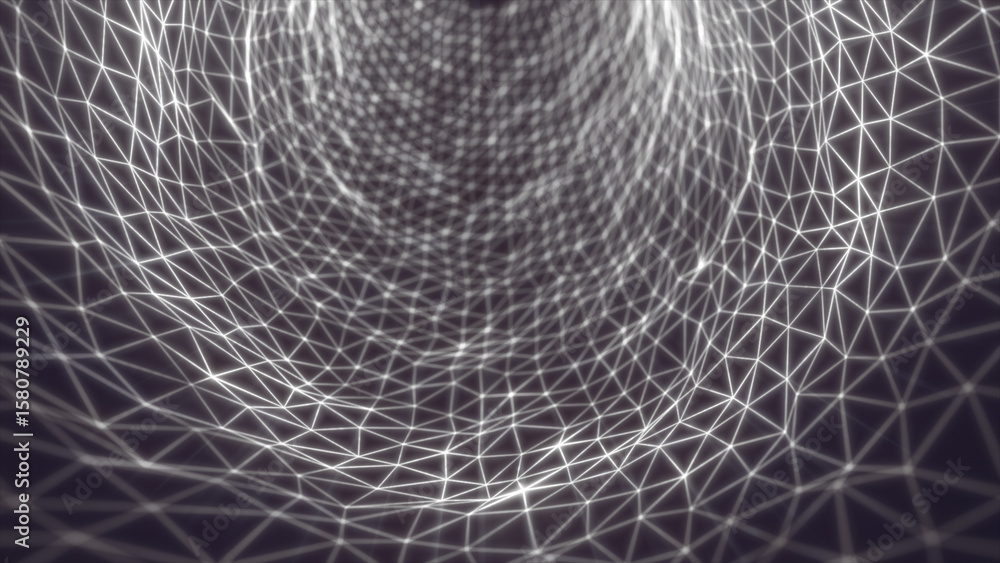 Poster monochrome digital mesh tunnel with glowing white triangle wireframes forming a dynamic data grid st