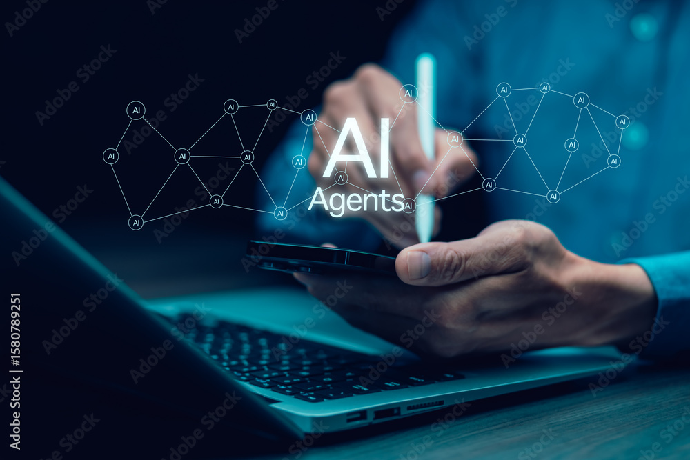 Poster ai agents and software interface concept,virtual assistant for customer service, futuristic smart au