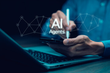 AI Agents and  software interface concept,virtual assistant for customer service, futuristic smart automation with  AI assistant for graphic design, translation and chatbot.