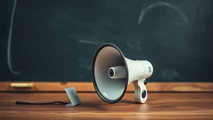 Close-up of a megaphone on wood with blackboard, symbolizing communication and ideas.