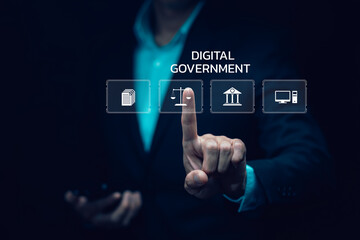 Digital Government and Online Public Services Technology. Financial Management Checking Online Bank Account with icons digital government systems, AI, cloud technology and security infrastructure.