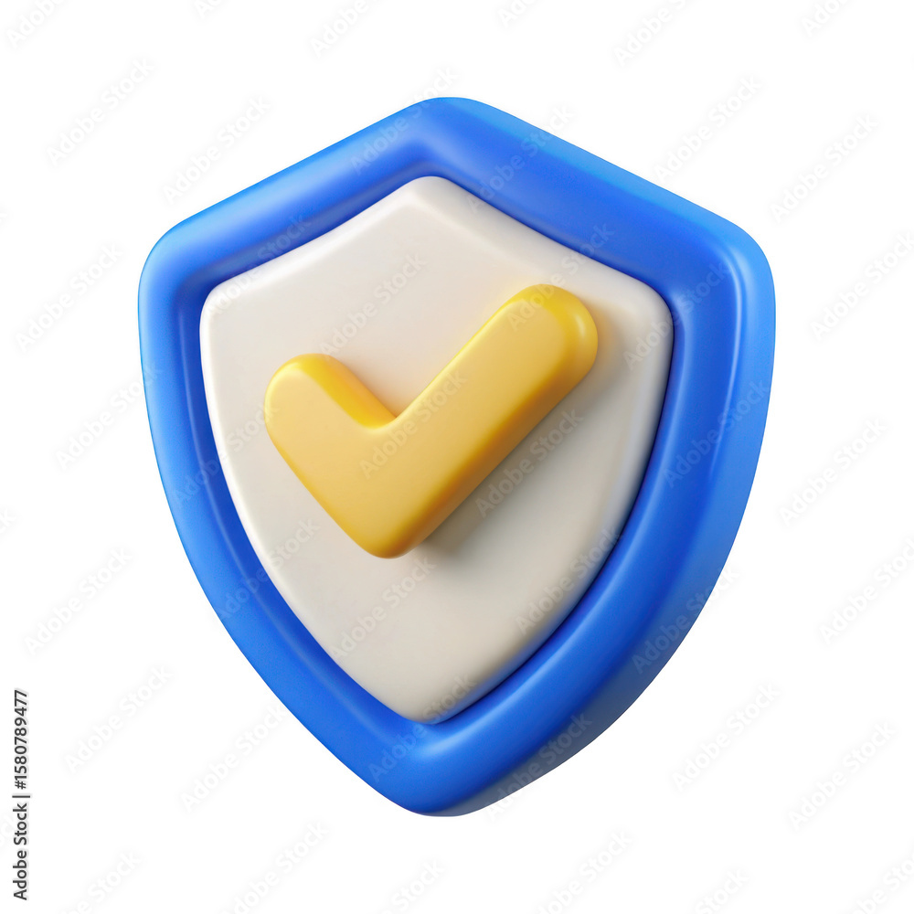 Poster 3d rendered blue and white shield with a yellow checkmark symbol isolated on transparent background