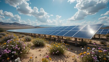 Photovoltaic solar panels stretch across a field adorned with wildflowers against a sky background.