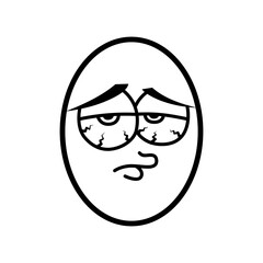 Tired Cartoon Egg Face – Sleepy or Sick Expression Doodle. Black and white cartoon illustration of an egg-shaped face with bloodshot eyes and a droopy mouth, expressing exhaustion or sickness.