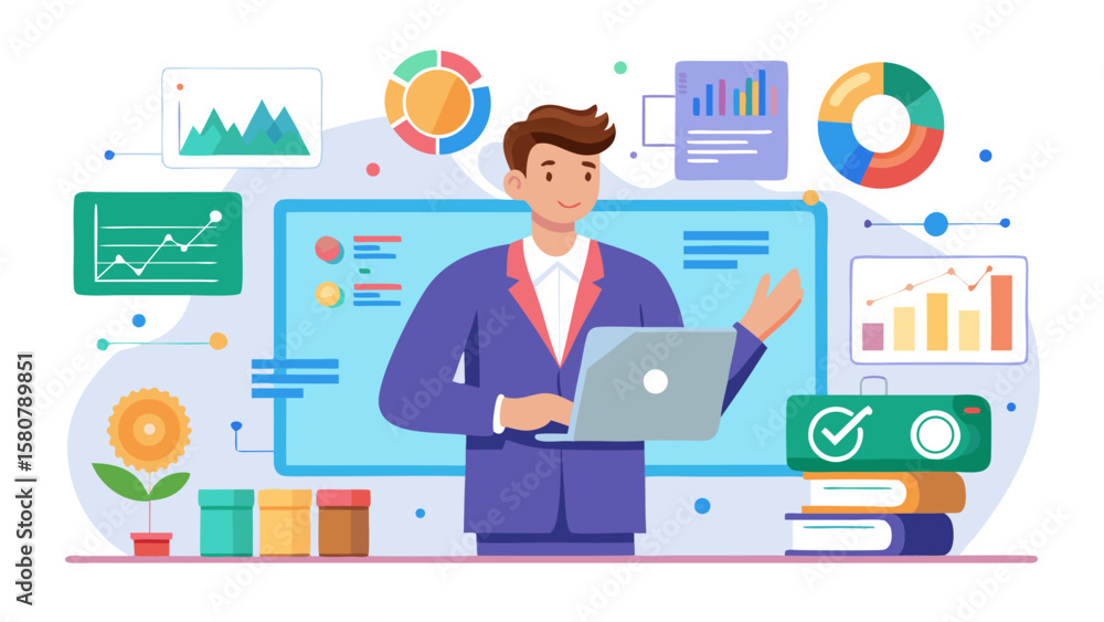 Poster a man is standing in front of a white board with a laptop in his hand. he is pointing to a graph on 