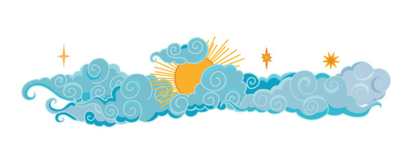 Tibetan sky. Blue Asian cloud with moon, sun and stars. Japanese Korean Chinese cloud style. Asian traditional ornaments. Vector illustration