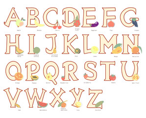 English alphabet letters with vegetables and fruits vector Illustration on a white background. Vector Set.