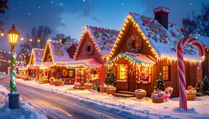Fototapeta premium Adorable donut houses with sprinkle roofs, cupcake shops, candy cane streetlights, rainbow sherbet pathways, cheerful food town 