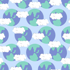 Abstract earth planet and white clouds. Seamless pattern with sky, cloud and planets. Print for fabric, wallpaper, wrapping, vector cartoon background