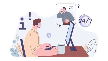 Administrator or call center worker. Young man with headphone consulting guy. Service line, hotline and support, online helping vector concept
