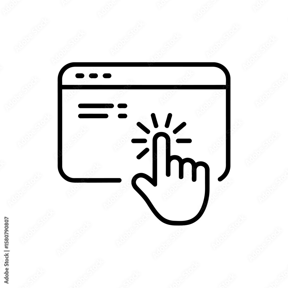 Poster cursor hand icon clicking on a simplified web browser window interface