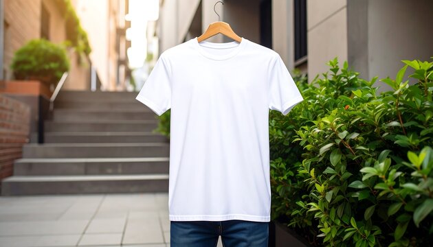 Blank white t-shirt on hanger outdoors