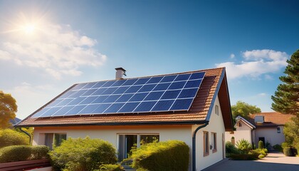 solar panels on roof house clean energy green energy sustainability eco friendly technology powered by the sun renewable energy solutions building home in neighbourhood
