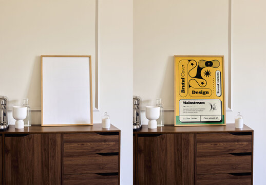 Mockup Of Vertical Customizable Poster On Sideboard In Frame
