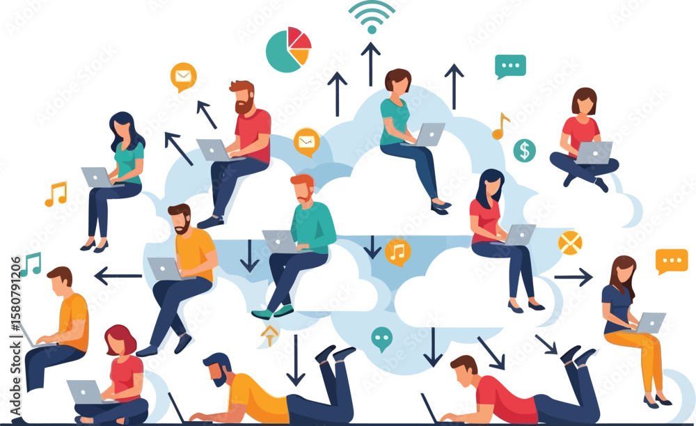 Poster cloud computing network illustration of people working online with laptops and data sharing concept