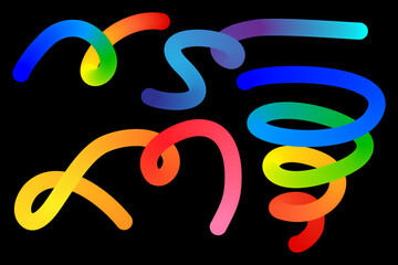 Abstract colorful rainbow lines on a black background, 3d wavy, swirl, spring strokes monoline set