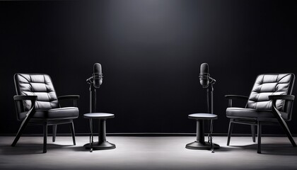 two chairs and microphones in podcast or interview room isolated on dark background as a wide banner for media conversations or podcast streamers concepts with copyspace