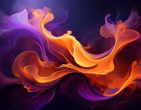 abstract flud wavy flow with swirls purple and orange colored frame liquid motion gas or smoke mysterious dark background fiery purple orange flames explosion