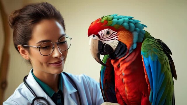 video of A veterinarian caring for a large exotic red macaw parrot