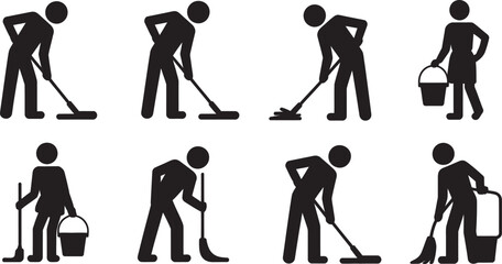 Cleaning Person Silhouettes Vector Set – Stick Figure Icons of People Mopping and Carrying Buckets
