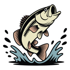 Jumping Largemouth Bass Fish in Splash Vector Illustration