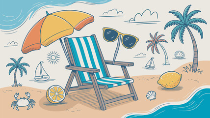 Hand-Drawn Beach Vacation Vector Illustration – Summer Chair, Umbrella, Palm Trees, and Ocean Elements