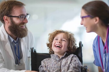 Fototapeta premium Joyful child in wheelchair with two healthcare providers.