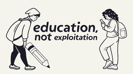 Students advocating for education not exploitation with a giant pencil and a smartphone symbolizing learning and progress