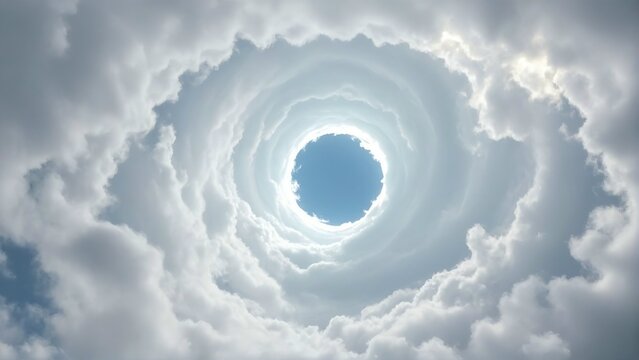 Looking up through a swirling vortex of soft white clouds towards a clear blue sky