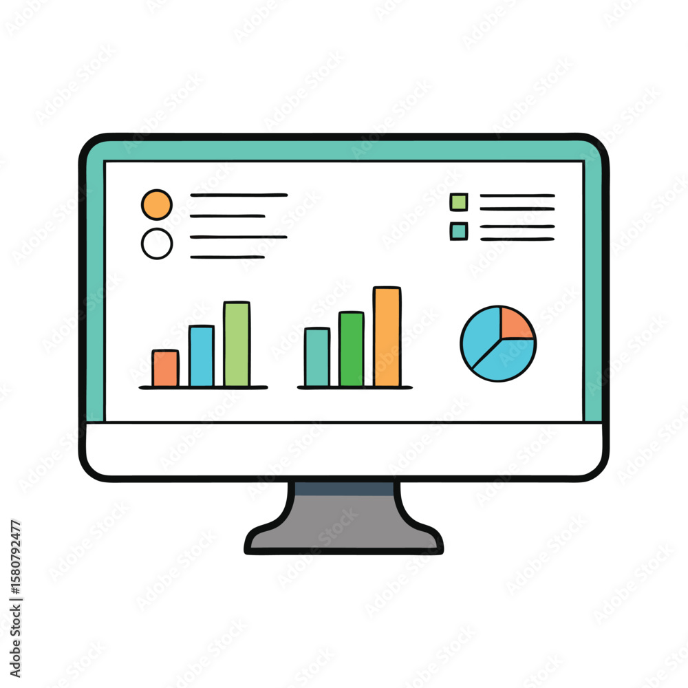 Poster vector art of a computer monitor displaying data charts isolated on white background
