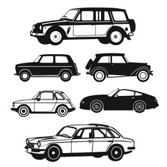 Obraz premium Six Black Classic Car Silhouettes White Background