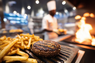 A professional photograph of an expertly crafted hamburger patty and fries sizzling on the grill, with the head chef in focus behind it as they watch over their creation. The backg