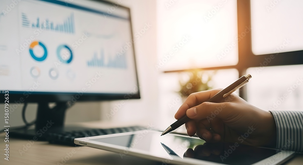 Poster person analyzing financial data on a computer and tablet