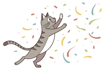 Joyful cat leaping through colorful confetti celebration