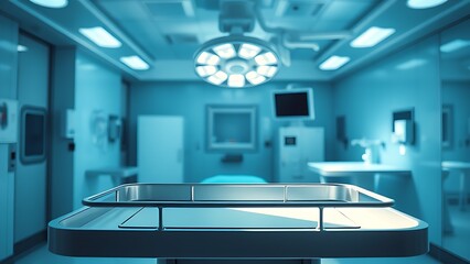 Sterile medical environment with empty surgical tray and dramatic lighting, conveying modern healthcare.
