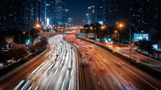 Night City Highway Traffic: Motion Blur and City Lights