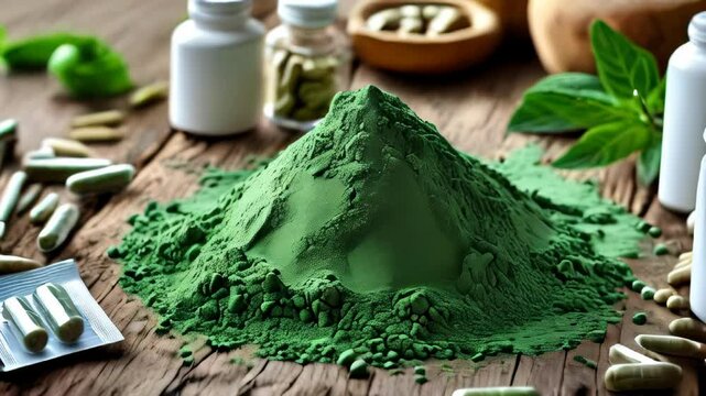 video of fresh spirulina powder and its derived supplements displayed on a wooden surface, showcasing this nutrient-dense superfood known for boosting immunity, energy, and overall health