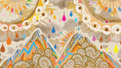 Colorful mountain landscape with stylized clouds, sunbursts, and floating eyes in a surreal composition
