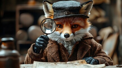 A clever fox detective in vintage attire investigates with a magnifying glass