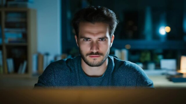 Man sitting at a computer with neutral face becoming angry in dark room