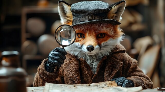 A clever fox detective in vintage attire investigates with a magnifying glass - Powered by Adobe