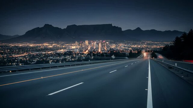 Night Highway Leading to Illuminated City and Mountain Range