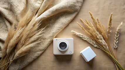 A flat lay composition featuring a compact action camera, a white cube, and dried grasses on a textured beige fabric