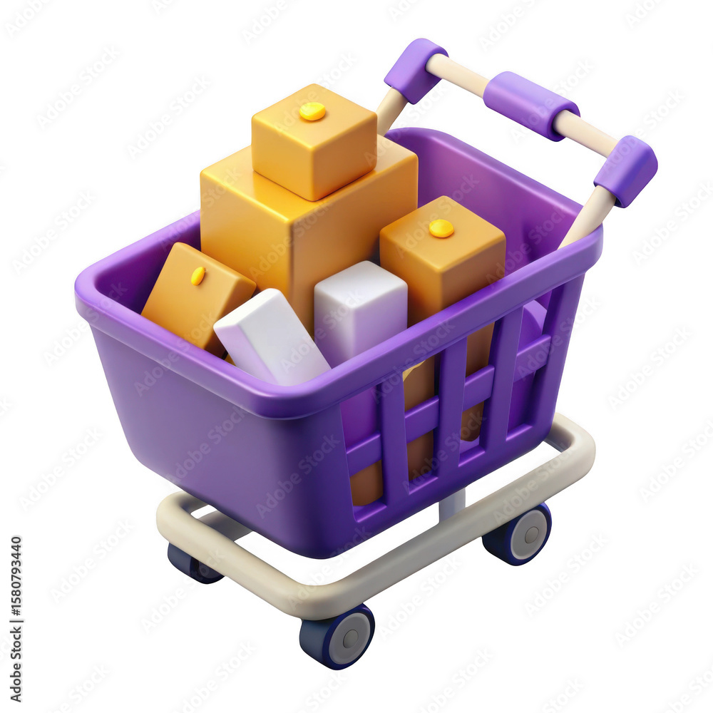 Poster purple shopping cart filled with colorful boxes and products isolated on transparent background