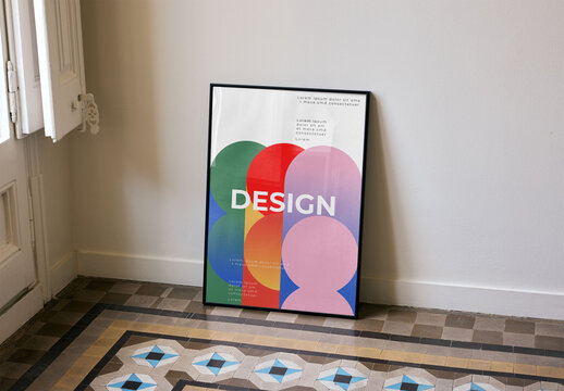 Mockup Of Vertical Customizable Framed Poster On Tiled Floor